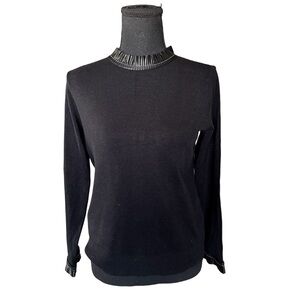 Sioni Milano Black Mock Neck Sweater Pleated Satin Trim Top Small U1